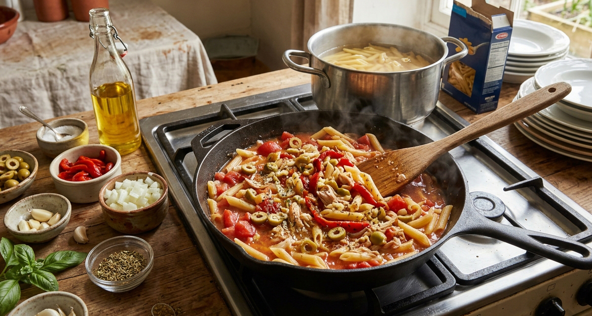 Penne con Pollo Enlatado a la Mediterránea